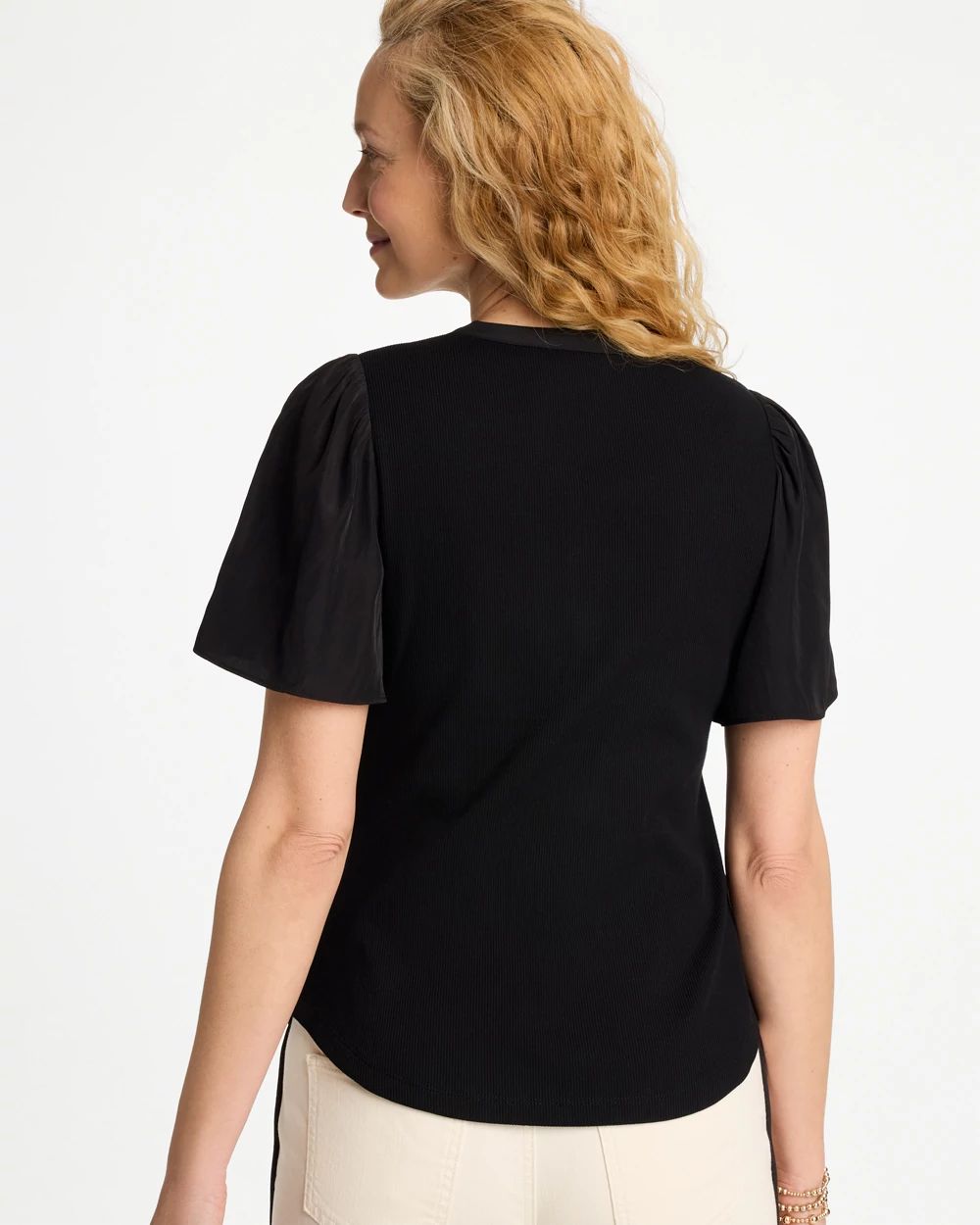 Rib Knit Woven Flutter Sleeve Tee click to view larger image.