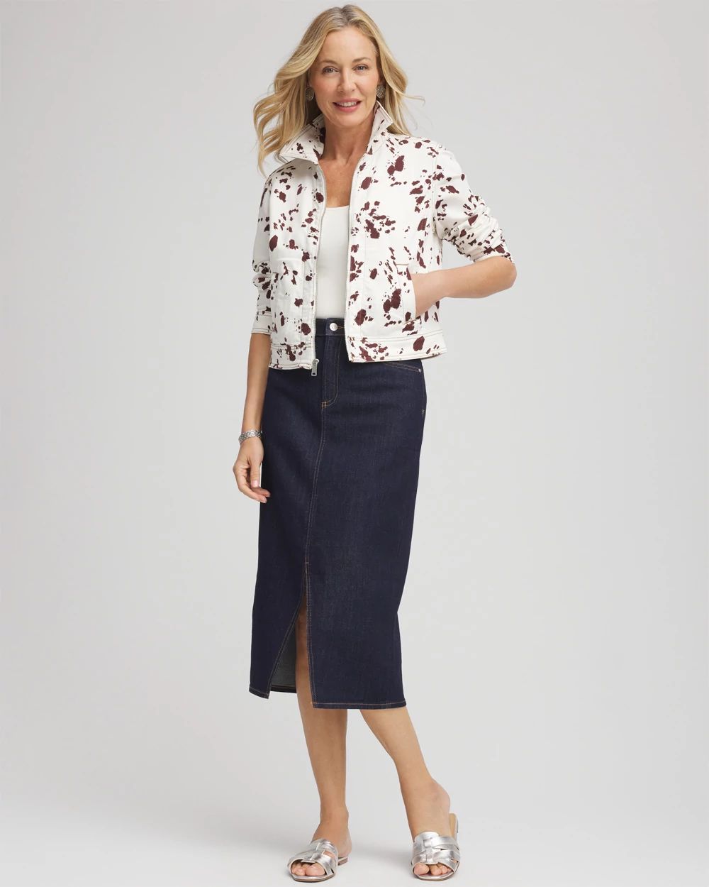 Cow-Print-Motif Denim Jacket