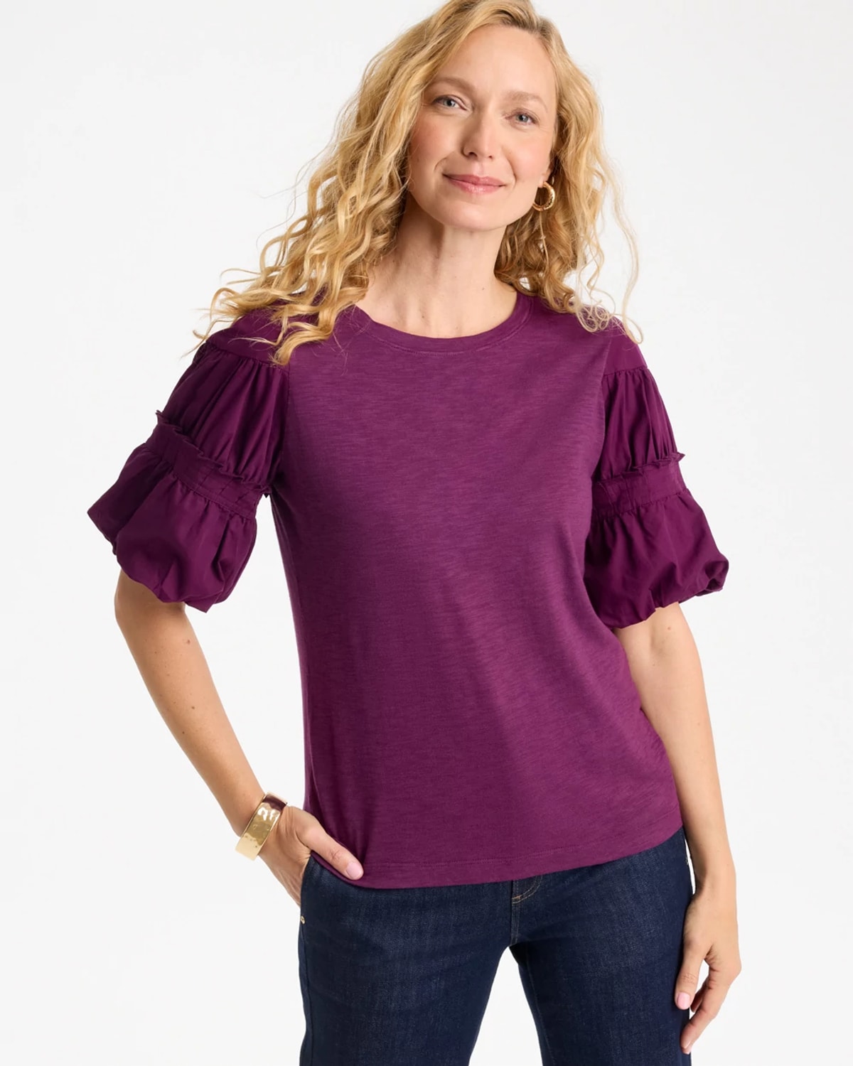 Chico's Cotton Poplin Pleat Sleeve Tee In Elderberry Wine