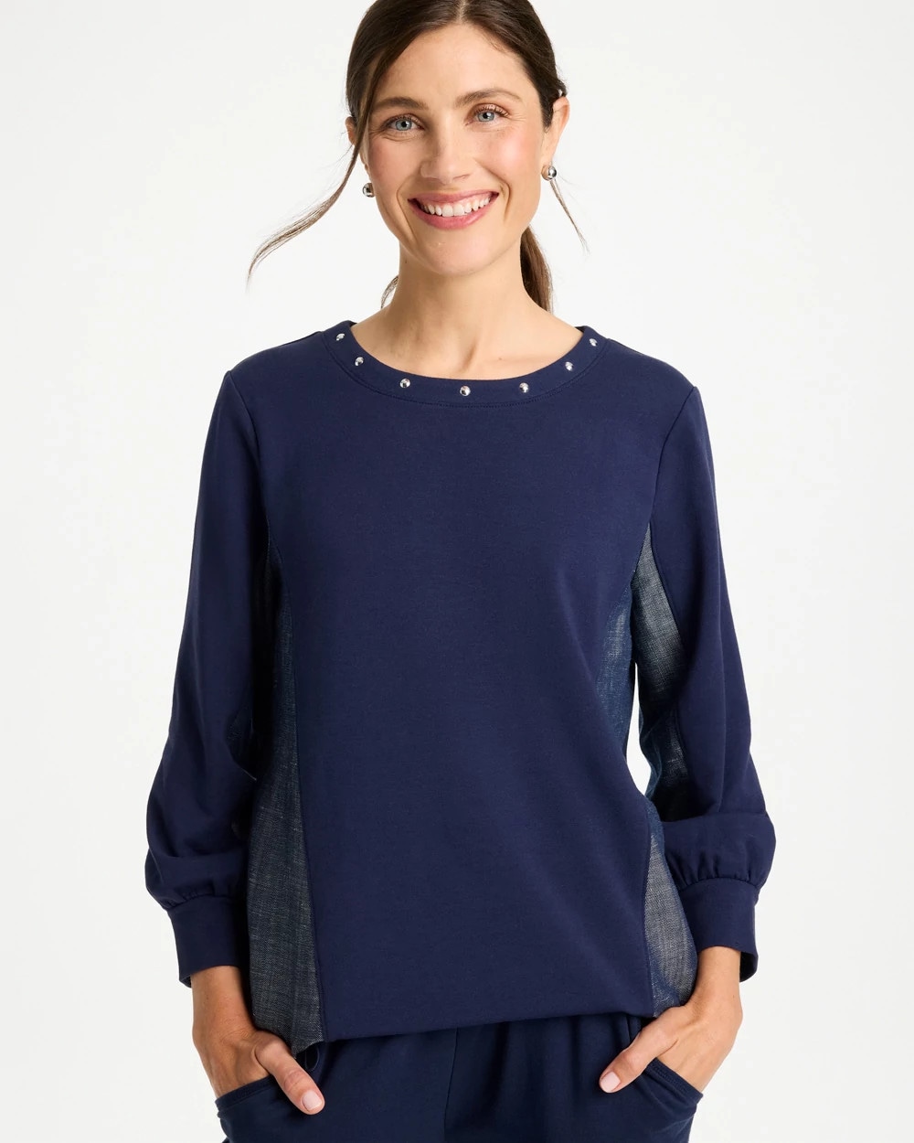 Chico's French Terry Pullover In Blue In Passport Blue