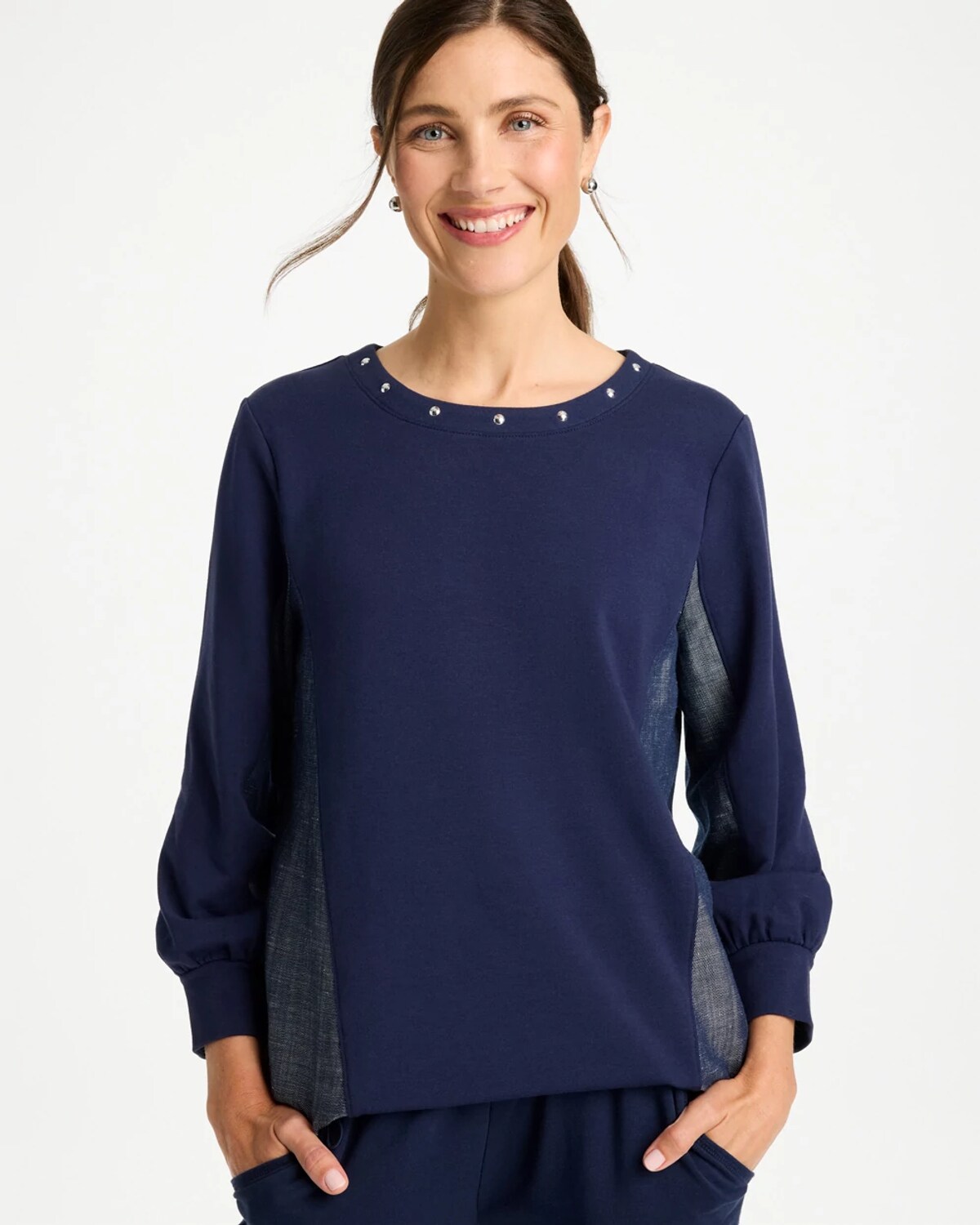 Chico's French Terry Pullover In Blue In Passport Blue
