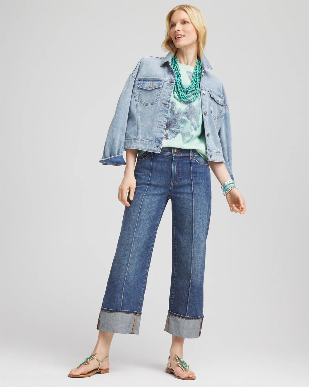 Pintuck High-Cuff Cropped Jeans