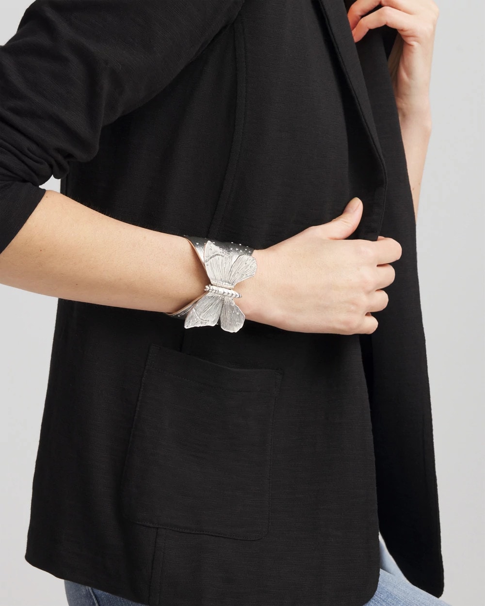 Silvertone Butterfly Stretch Cuff Bracelet