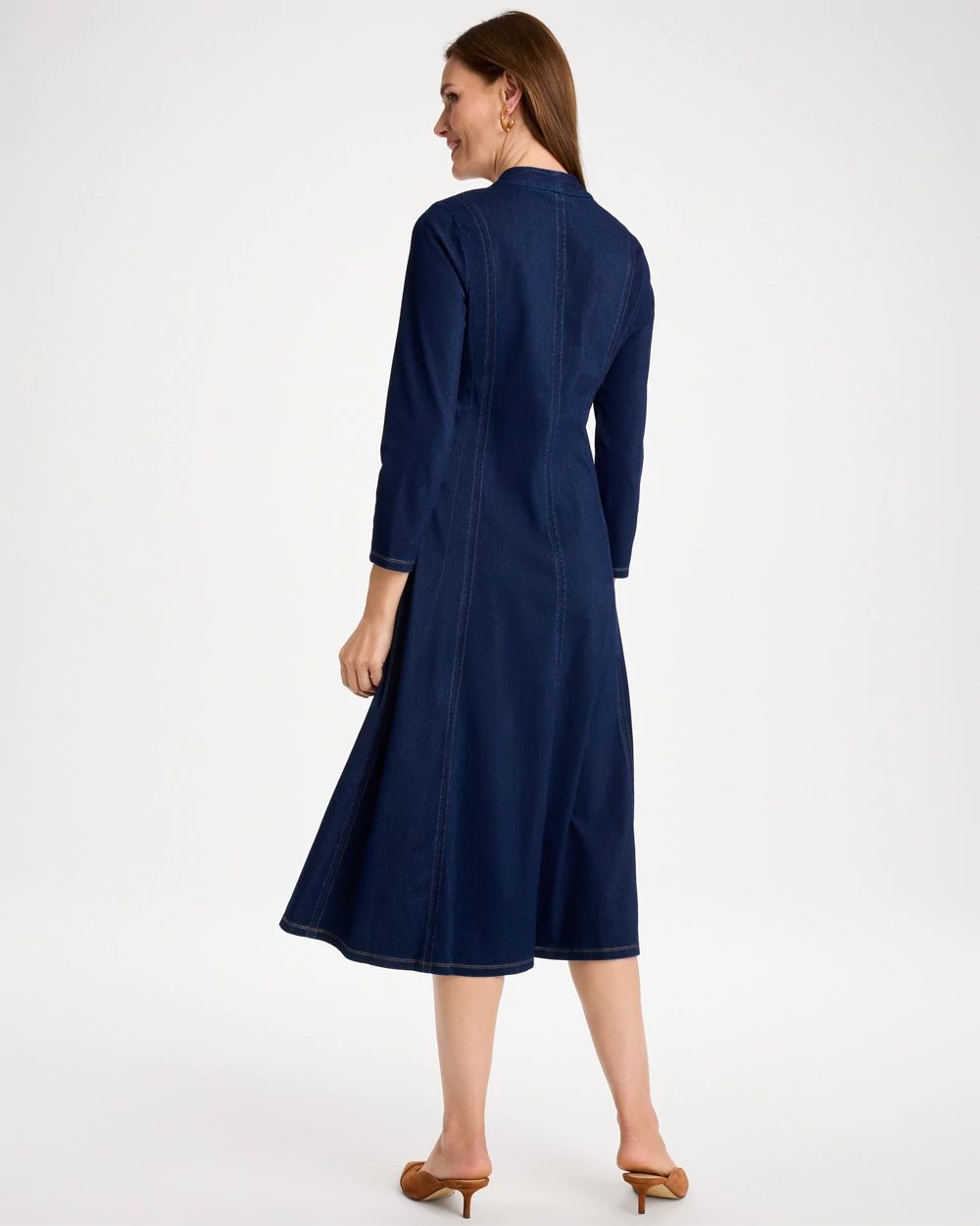 Knit Denim Seamed 3/4 Sleeve Dress click to view larger image.