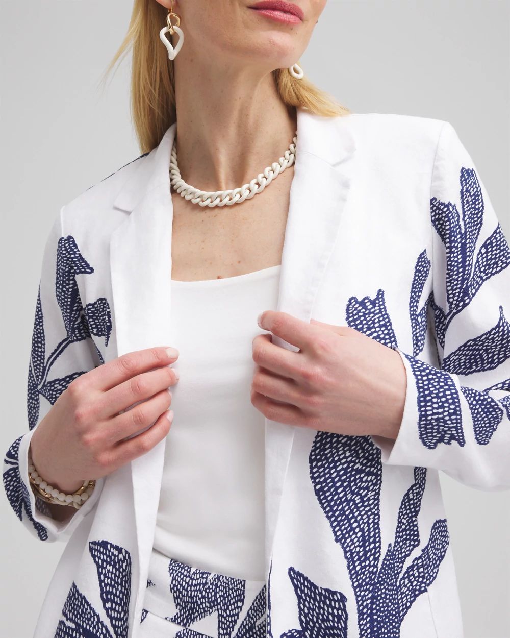 Printed Linen Blend Stretch Blazer
