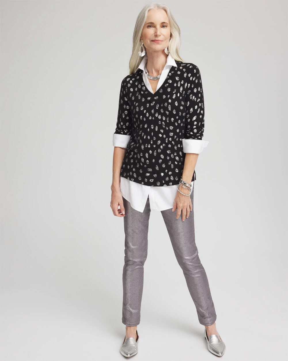 Foil Spotted Built-In Shirt Knit Sweater