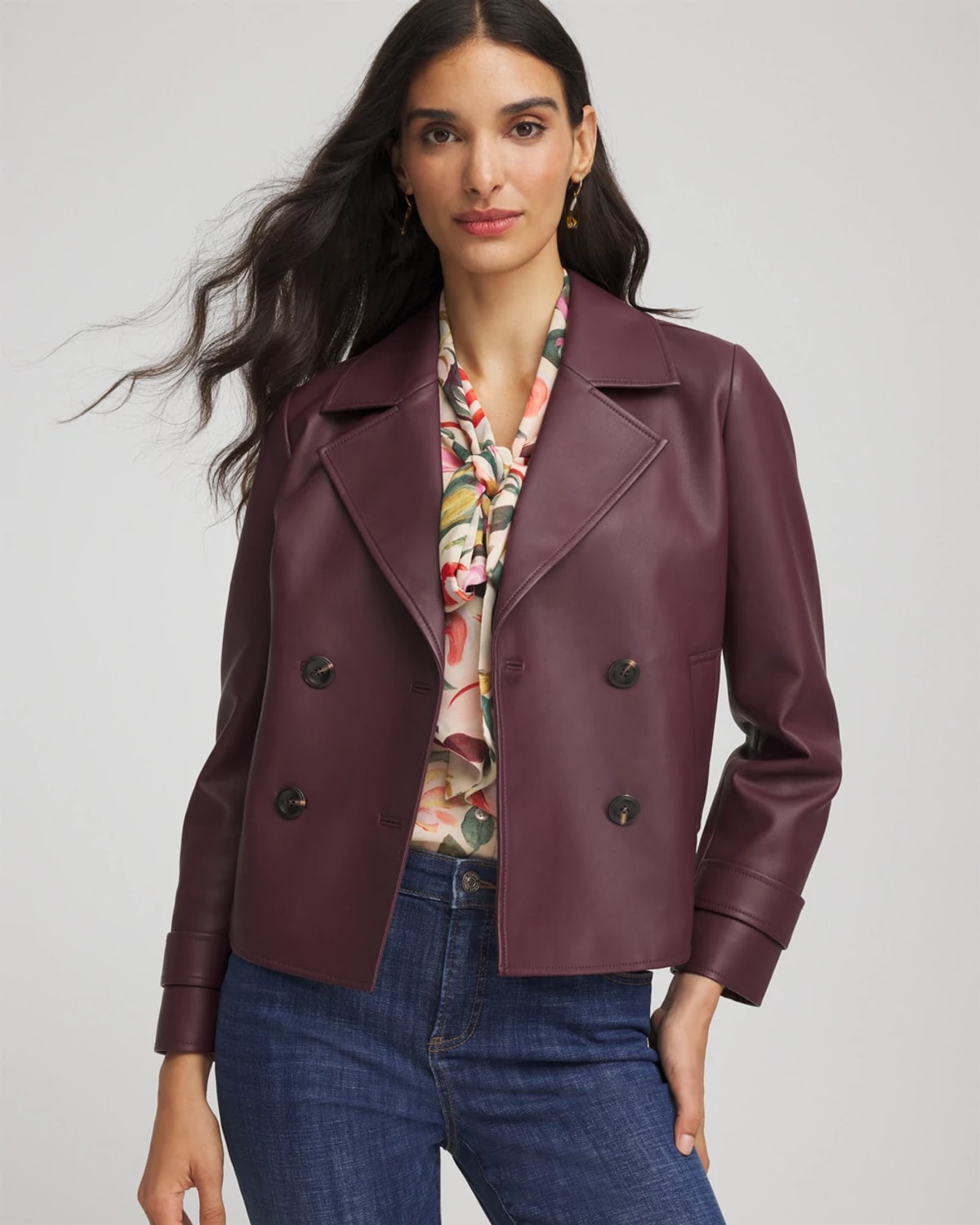 Chico's Faux Leather Trench Coat In Blackened Burgundy