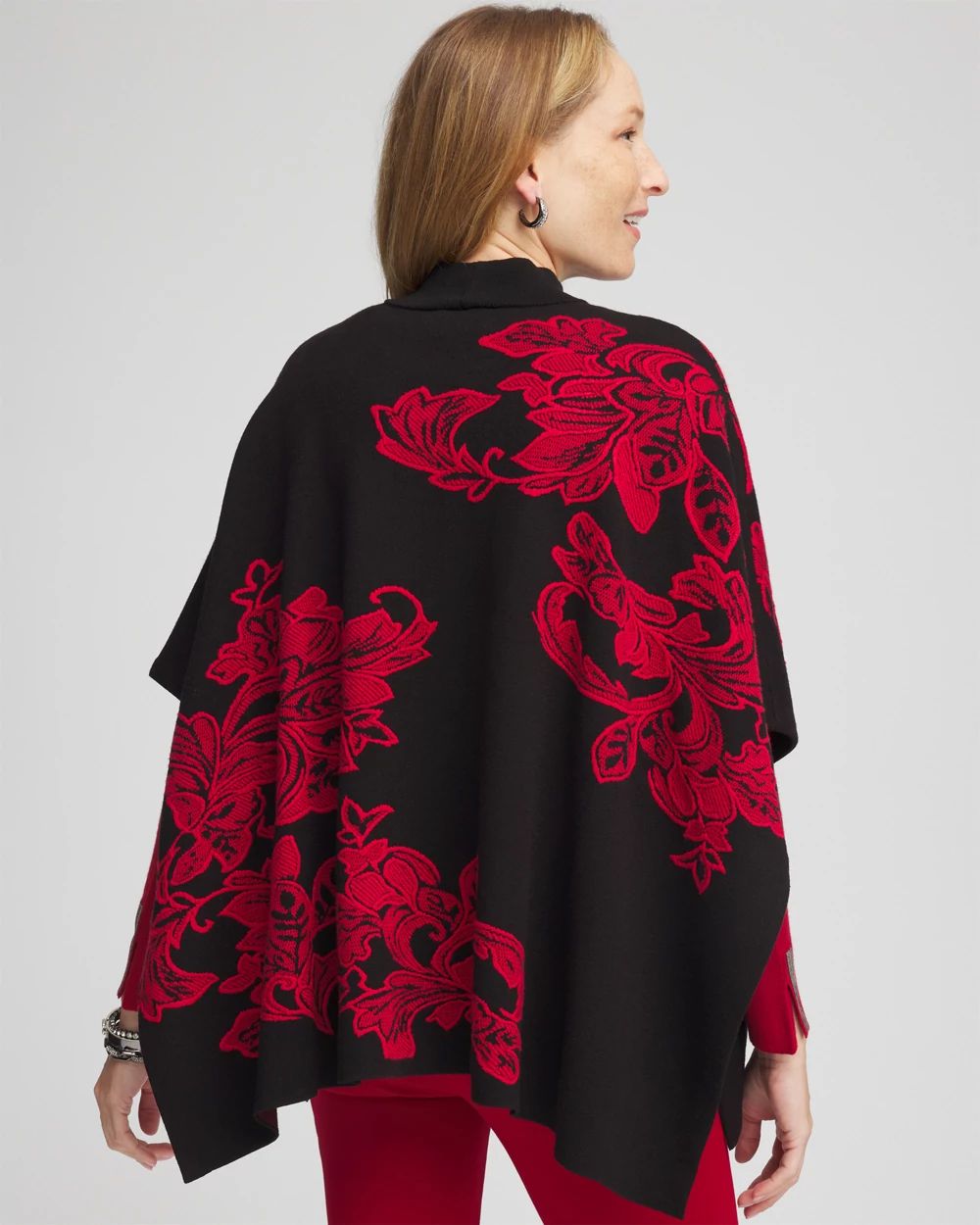 Jacquard Embroidered Mock Neck Poncho