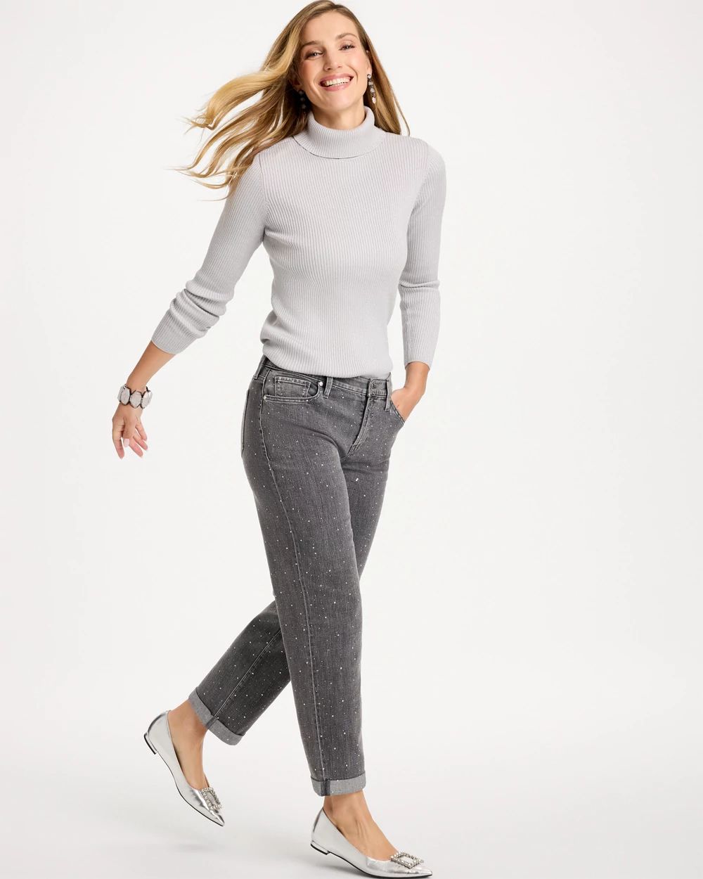 Petite Rhinestone Boyfriend Cropped Jeans