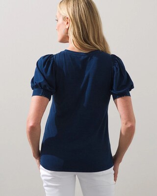 Faux Denim Puff Sleeve Slub Tee