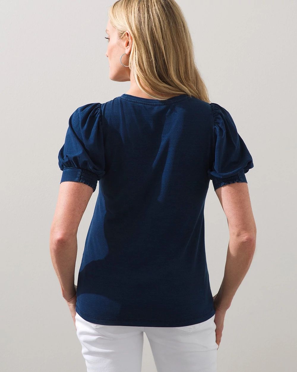 Faux Denim Puff Sleeve Slub Tee