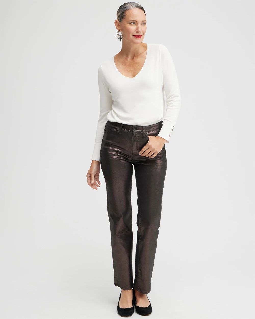 Button Cuff V-neck Pullover Sweater