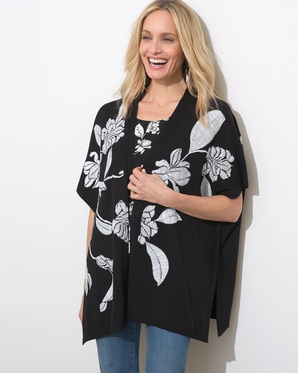 Embroidered Leaf Print Ruana