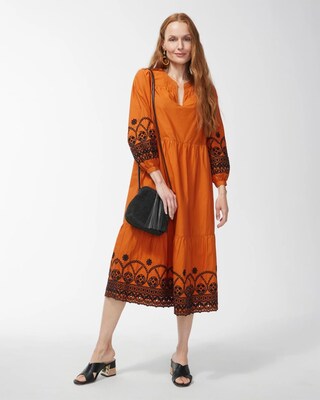 Poplin Embroidered Sleeve Midi Dress