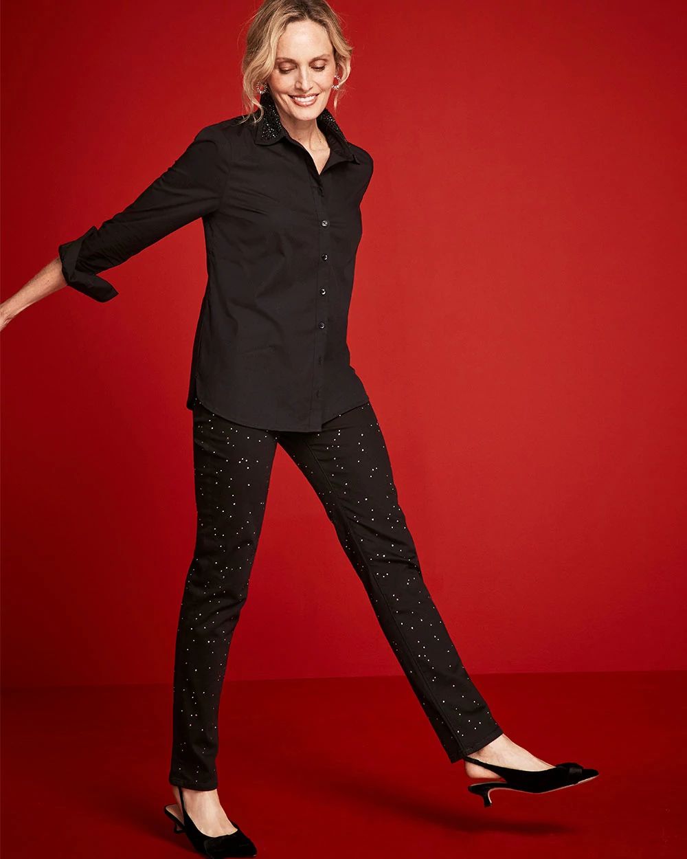 Stone Embellished Girlfriend Slim Ankle Jeans click to view larger image.