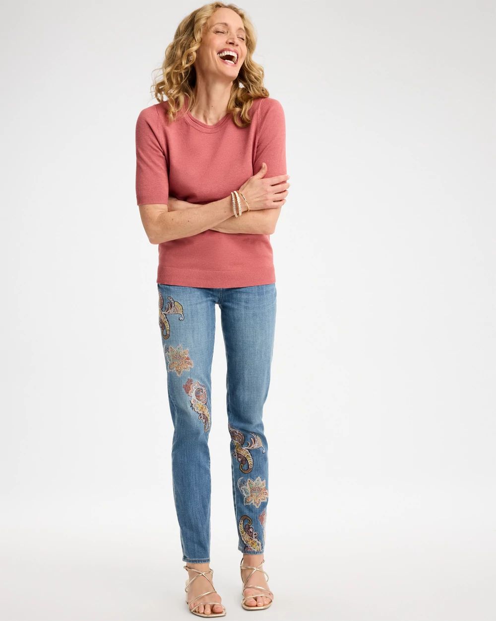 Girlfriend Slim Embroidered Ankle Jeans click to view larger image.