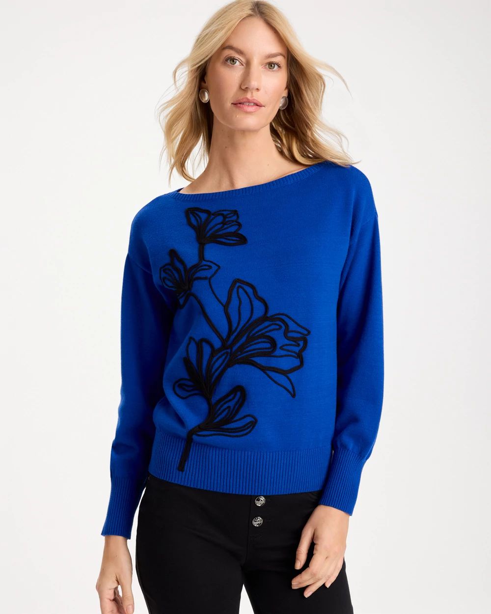 Embroidered Bateau Dolman Pullover Sweater