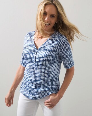 Henley Dot Print Elbow Sleeve Slub Tee