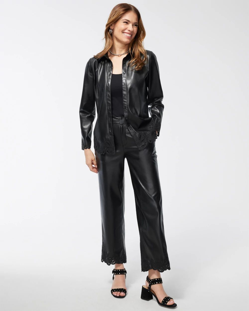 Faux Leather Embroidered Cutwork Shirt