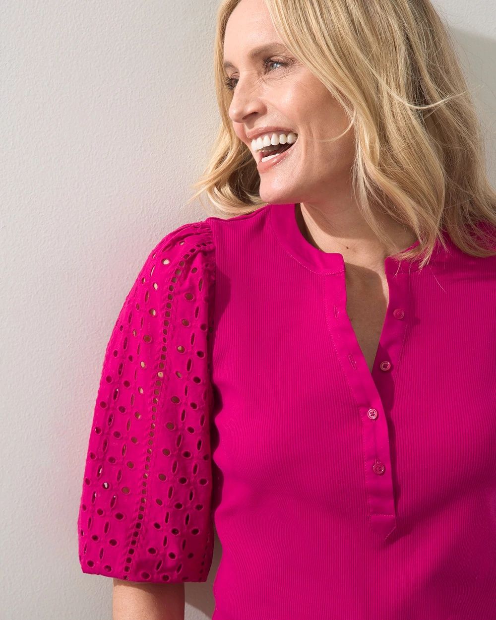 Eyelet Sleeve Ribbed Henley Tee