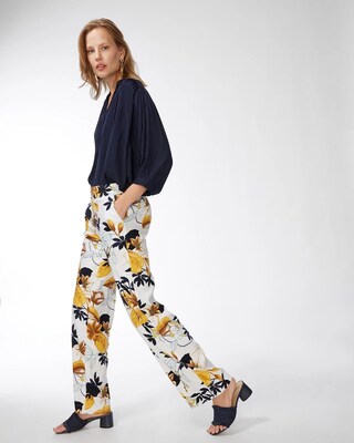 Linen-Blend Stretch Floral Pants