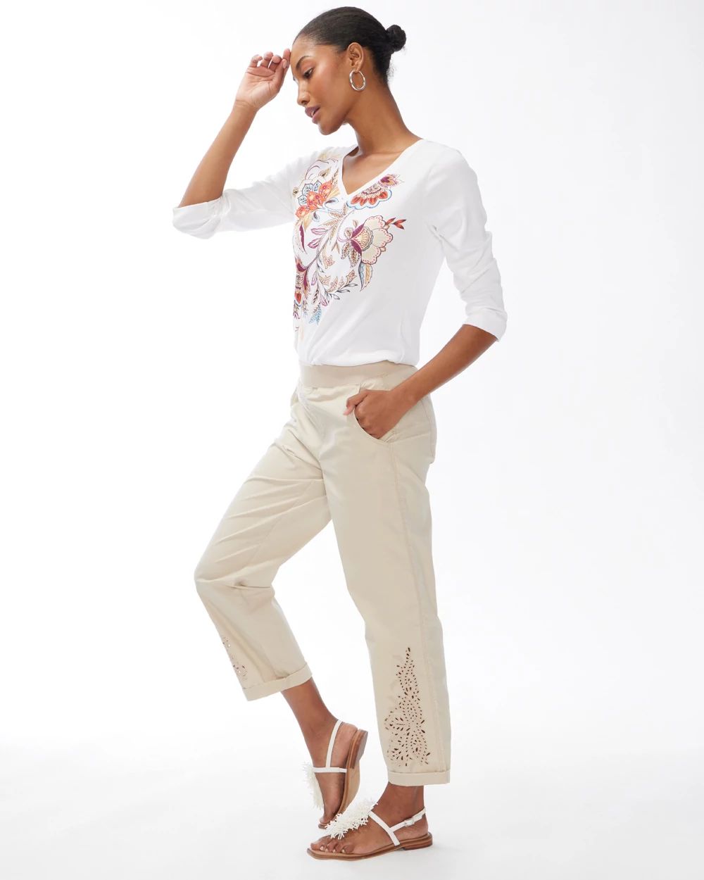 Neutral Eyelet Convertible Hem Crops