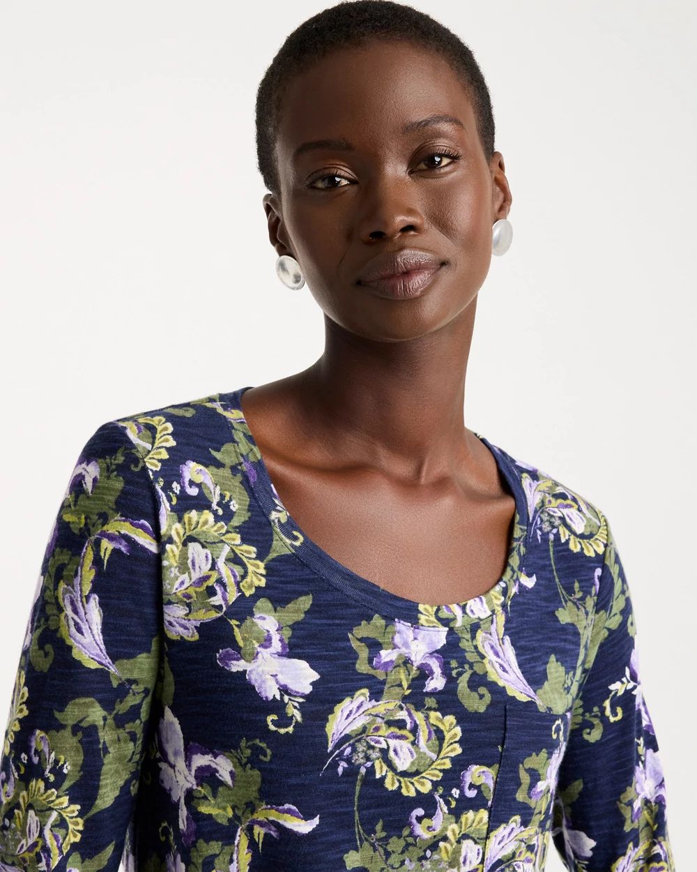 Floral Cotton Slub 3/4 Sleeve Tee click to view larger image.