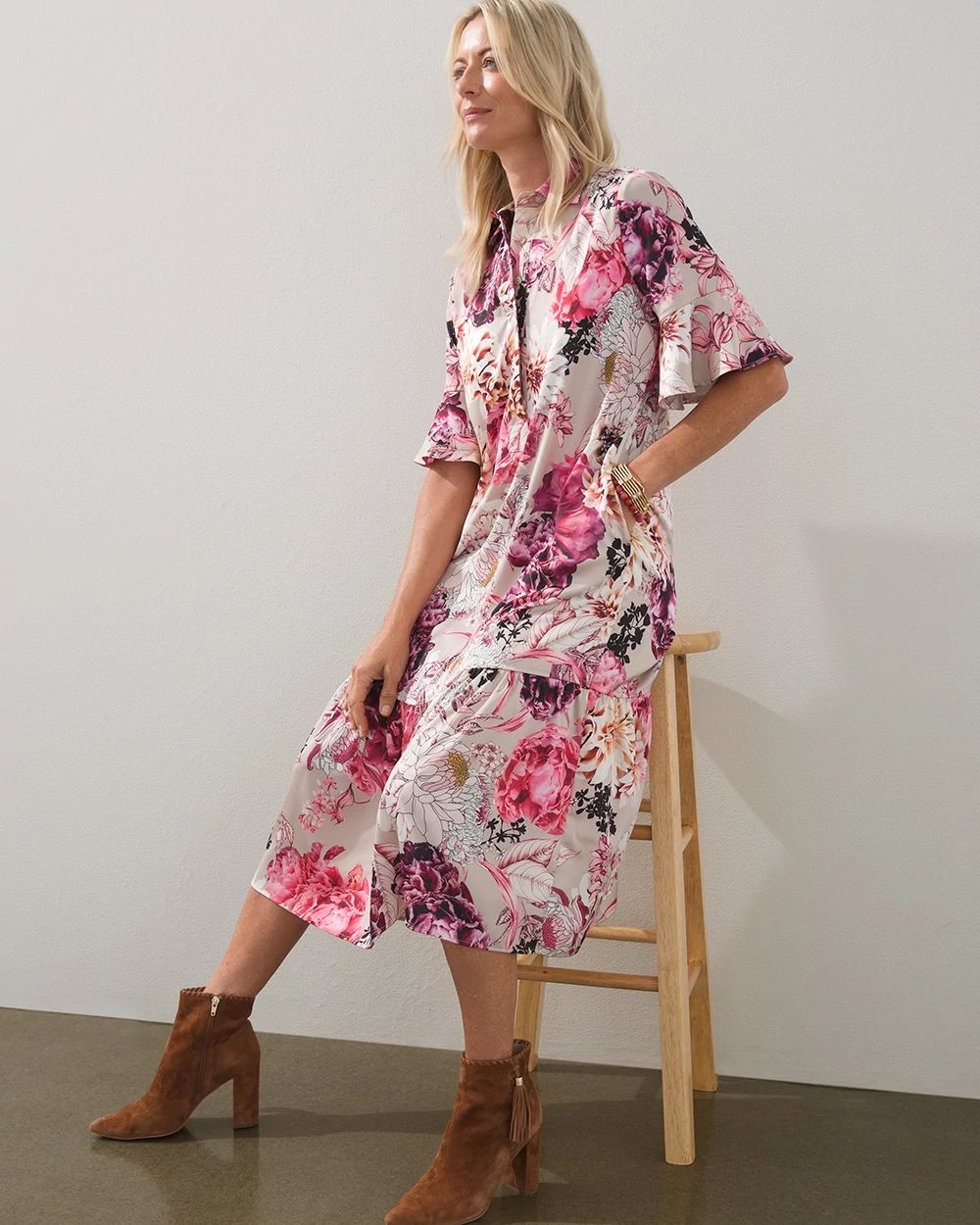 Floral Flounce Sleeve Midi Dress