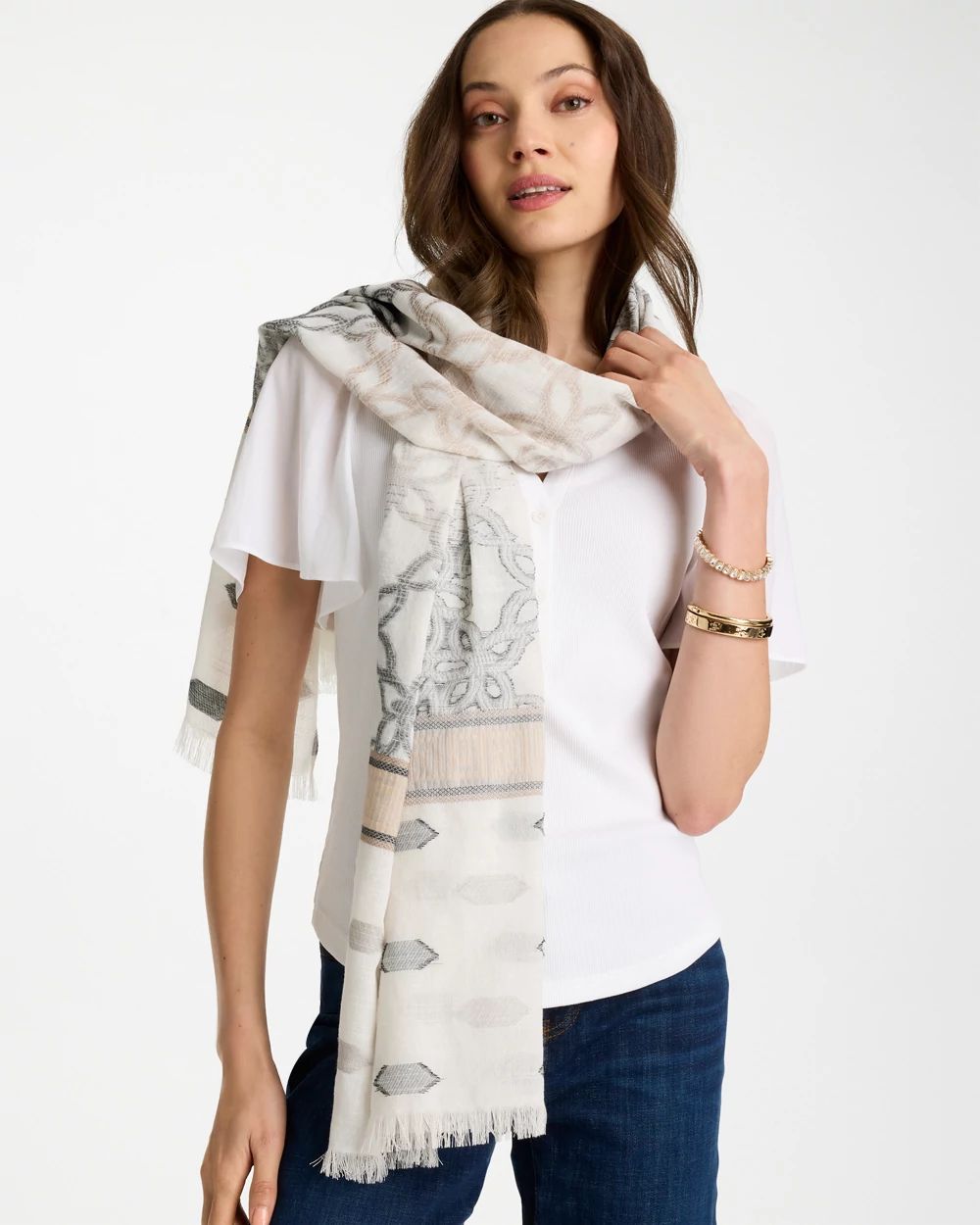 Neutral Paisley Polka Dot Oblong Scarf click to view larger image.