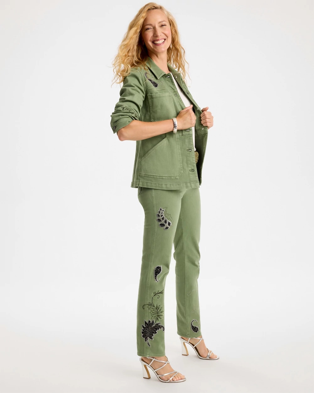 Embellished Pull-On Straight Jeans