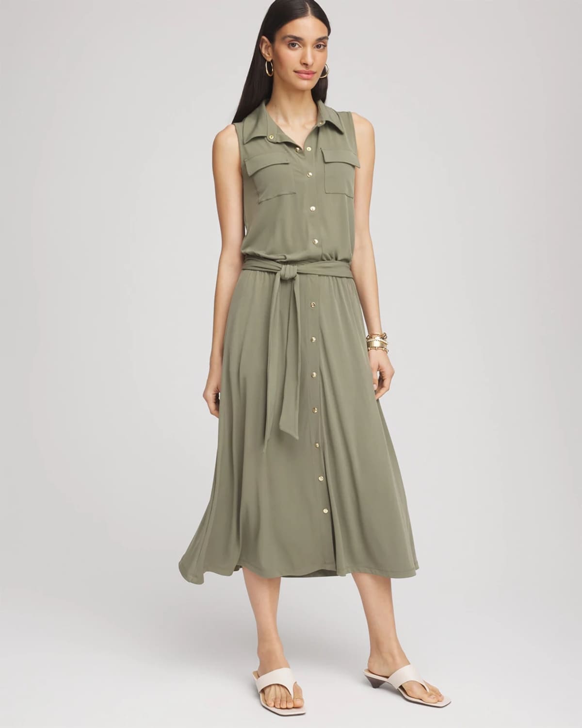 Chico's Petite Travelers Knit Sleeveless Shirtdress In Green In Green