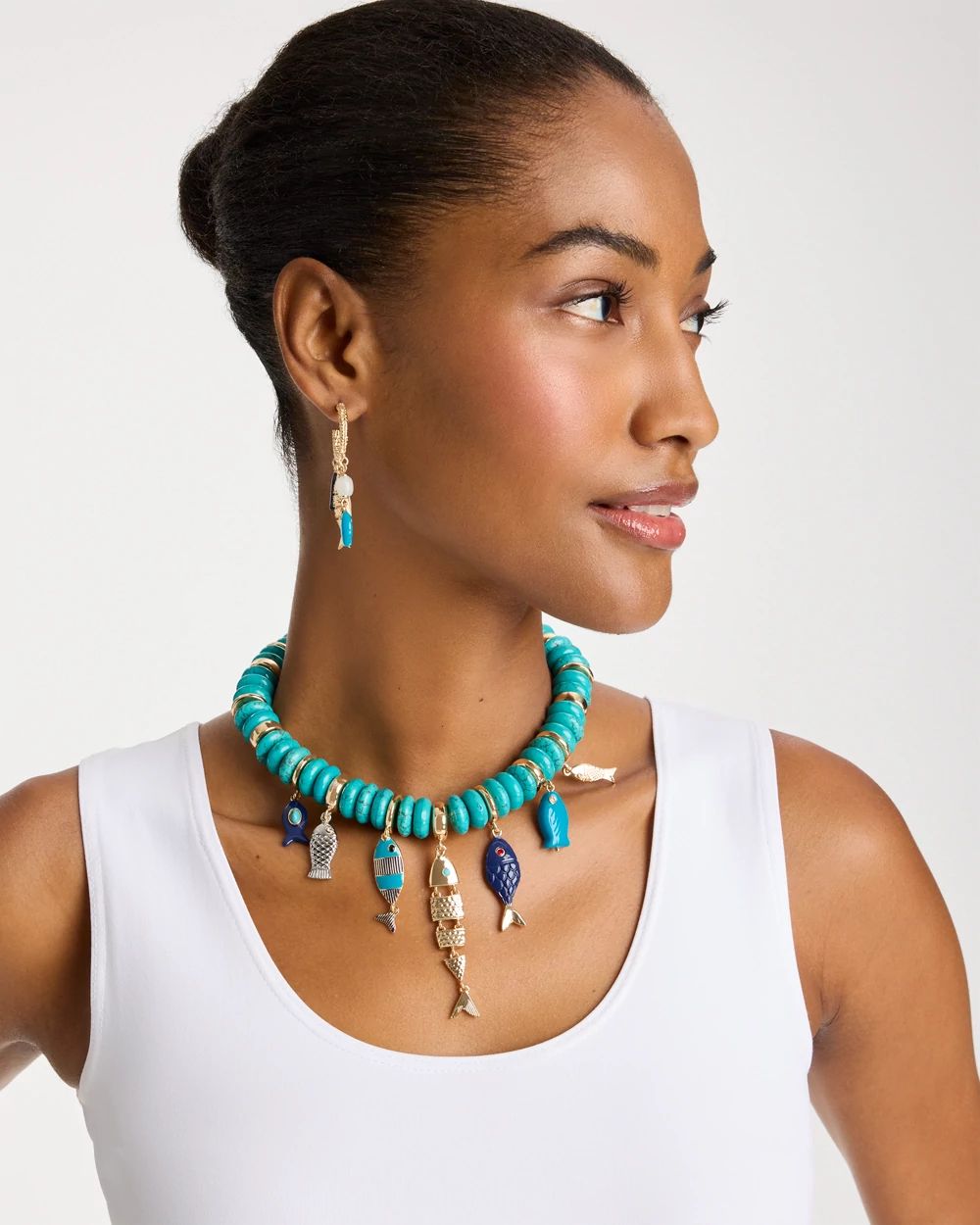 Turquoise Fish Charm Statement Necklace click to view larger image.