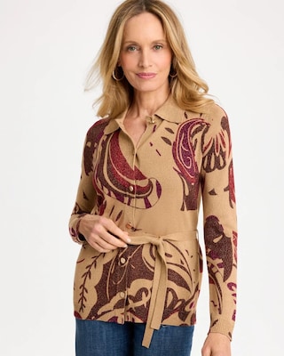 Collared Printed Belted Cardigan