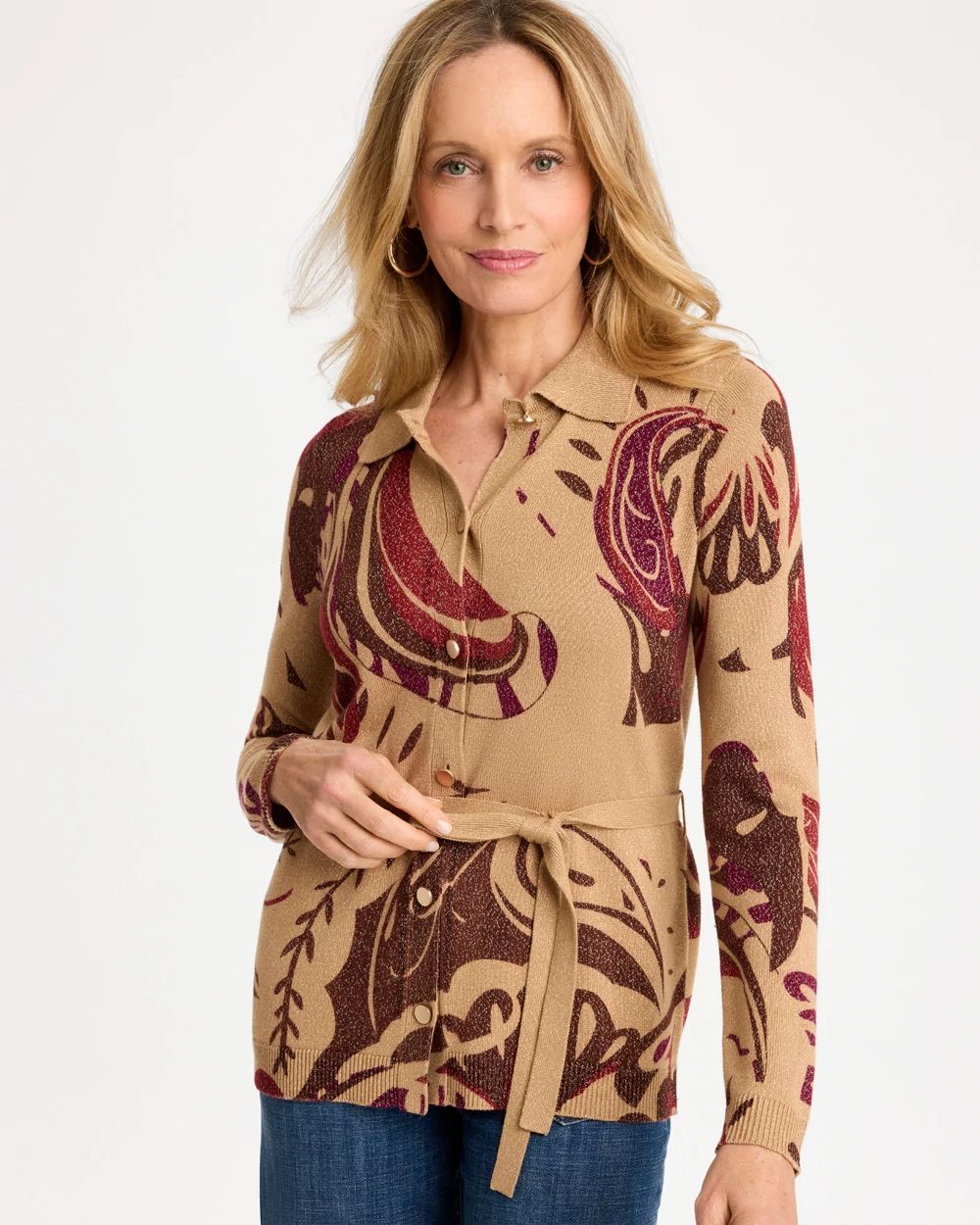 Collared Printed Belted Cardigan