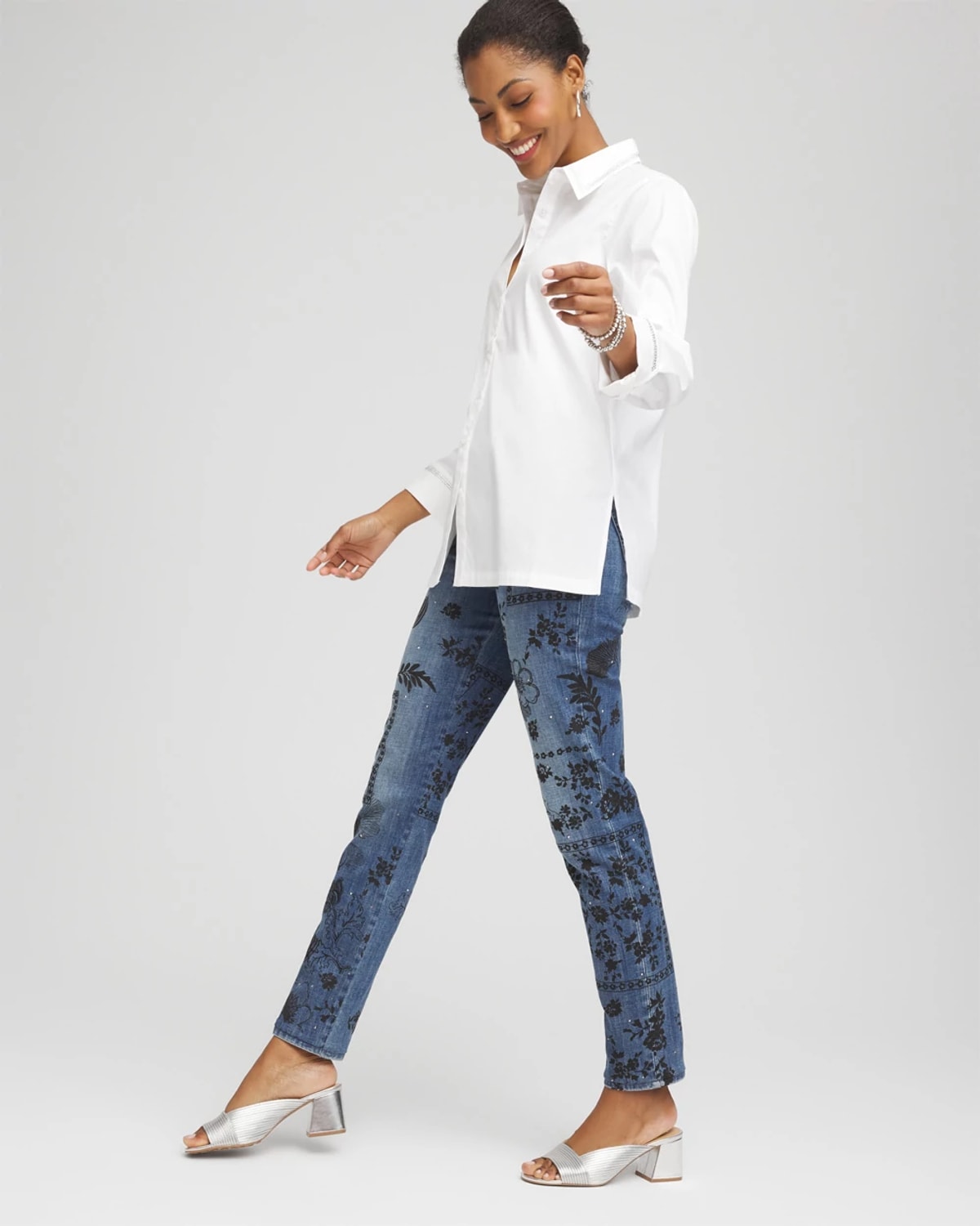 Chico's Rhinestone Embellished Poplin Tunic In White In White