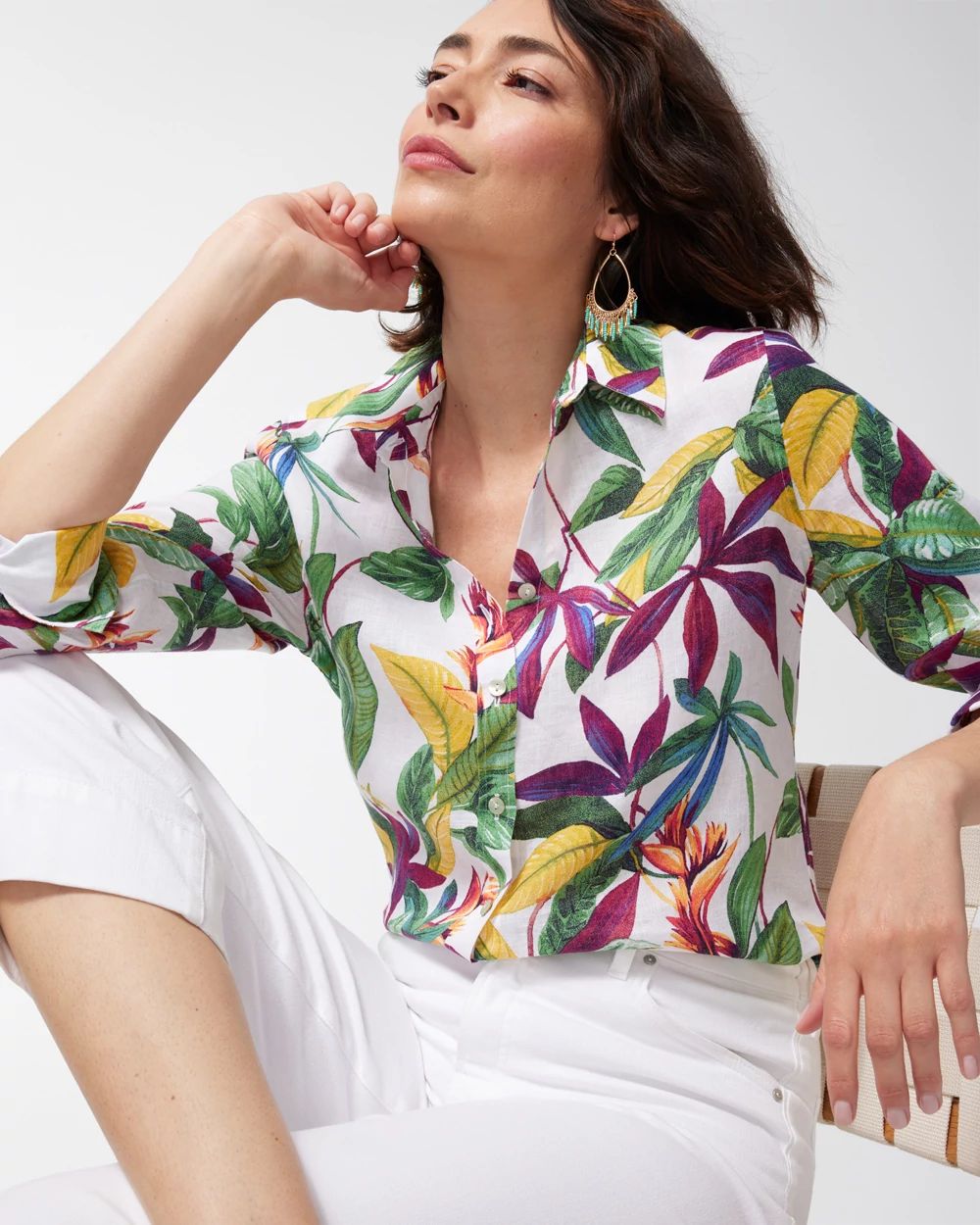 No Iron Linen 3/4 Sleeve Floral Shirt