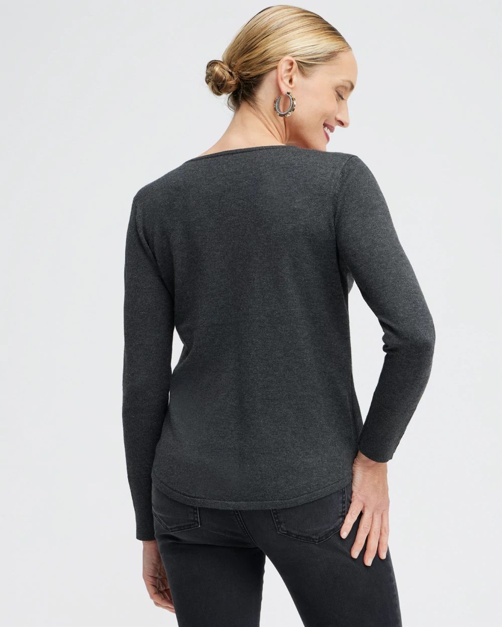 Button Cuff V-neck Pullover Sweater