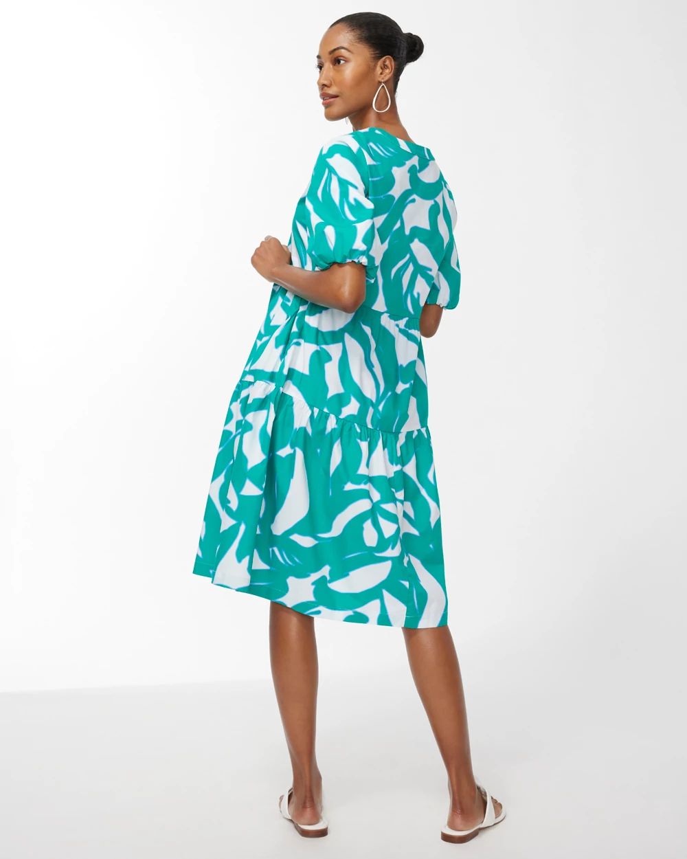 Green Leaf Print Poplin Dress
