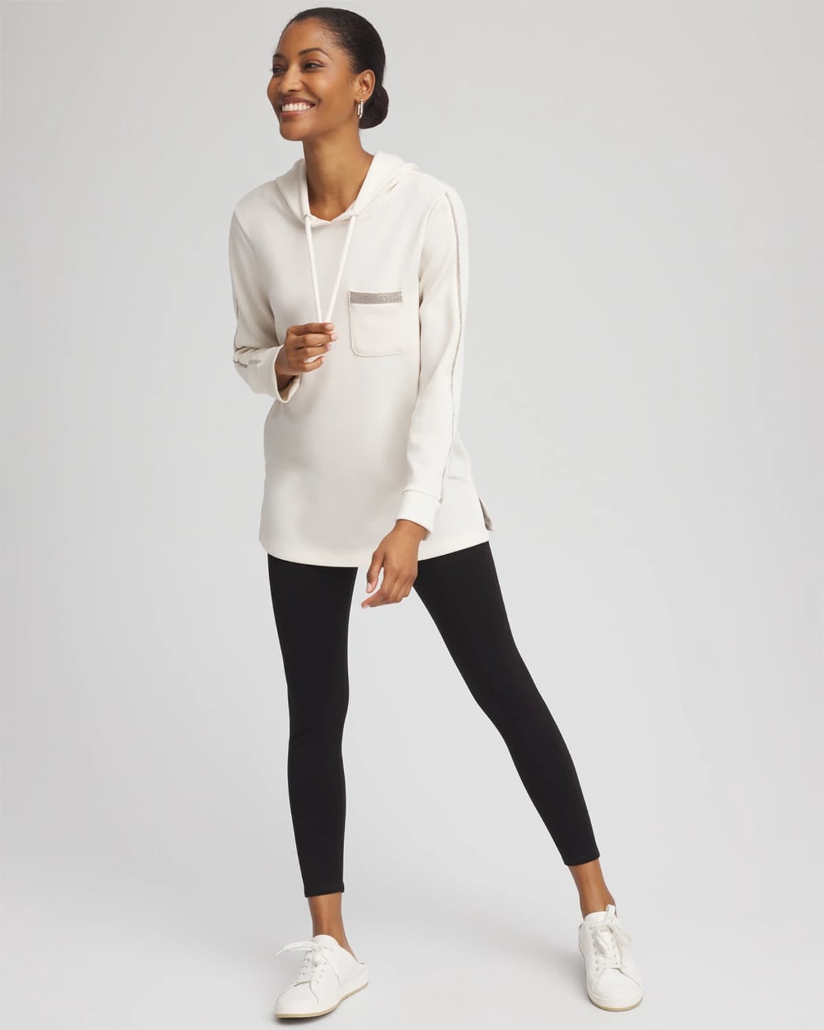 Chico's Scuba Caviar Bead Sweatshirt In Cream In White