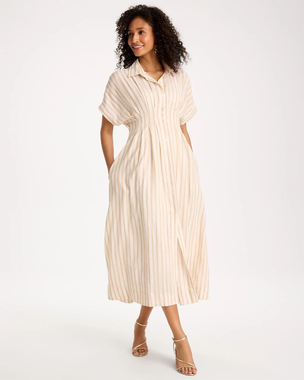 Petite Linen-Blend Metallic Striped Dress