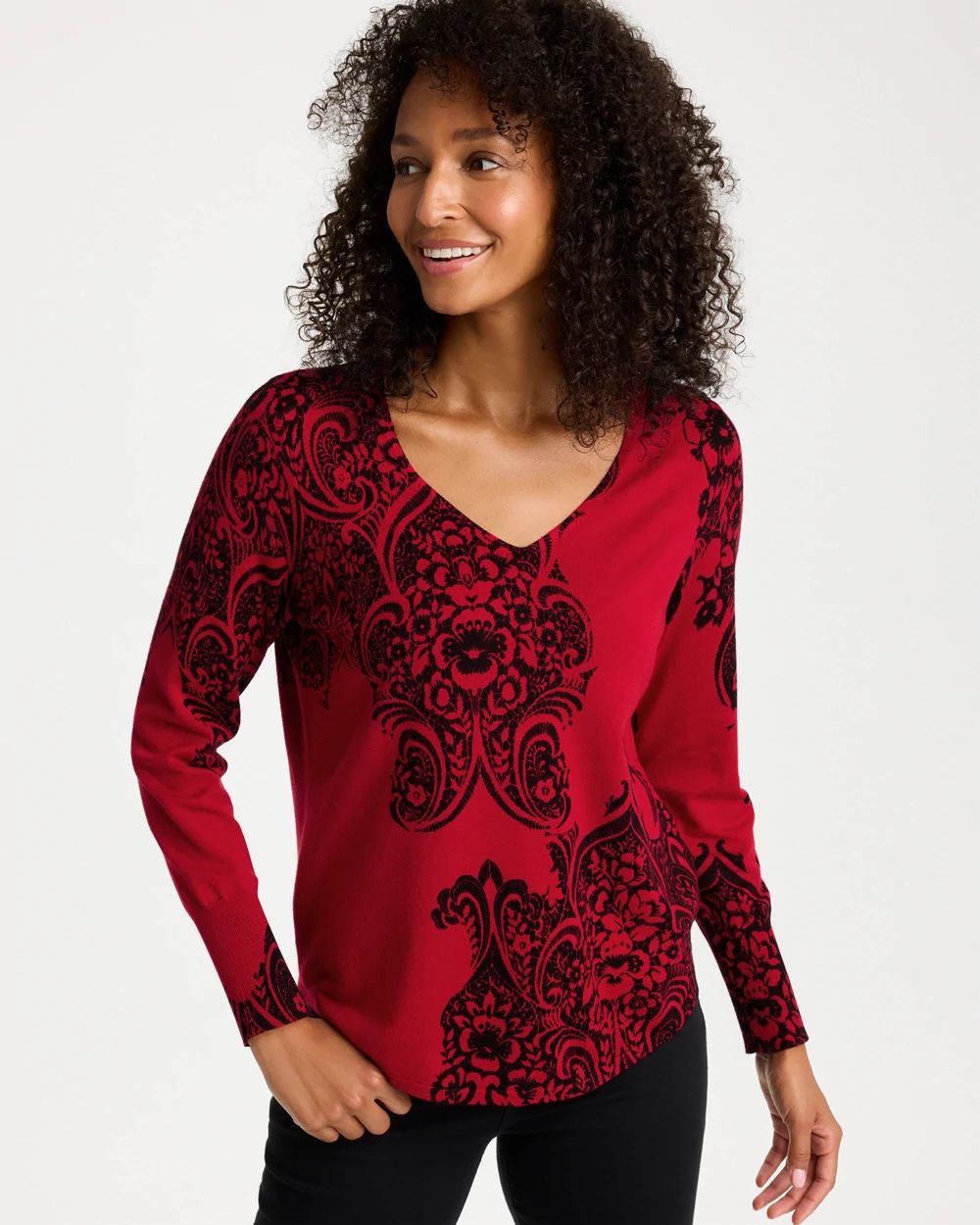 Ella V-Neck Printed Pullover Sweater