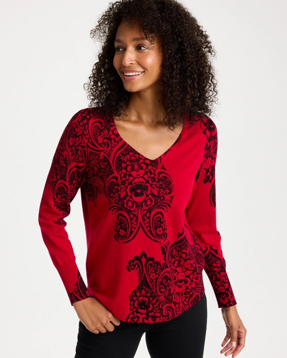 Ella V-Neck Printed Pullover Sweater