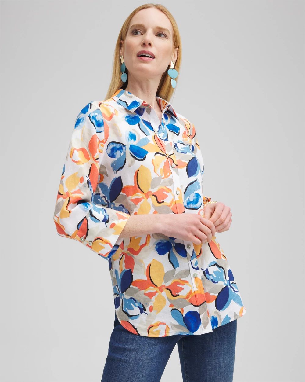 No Iron™ Linen Floral 3/4 Sleeve Shirt