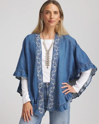 Embroidered Denim Ruffled Ruana
