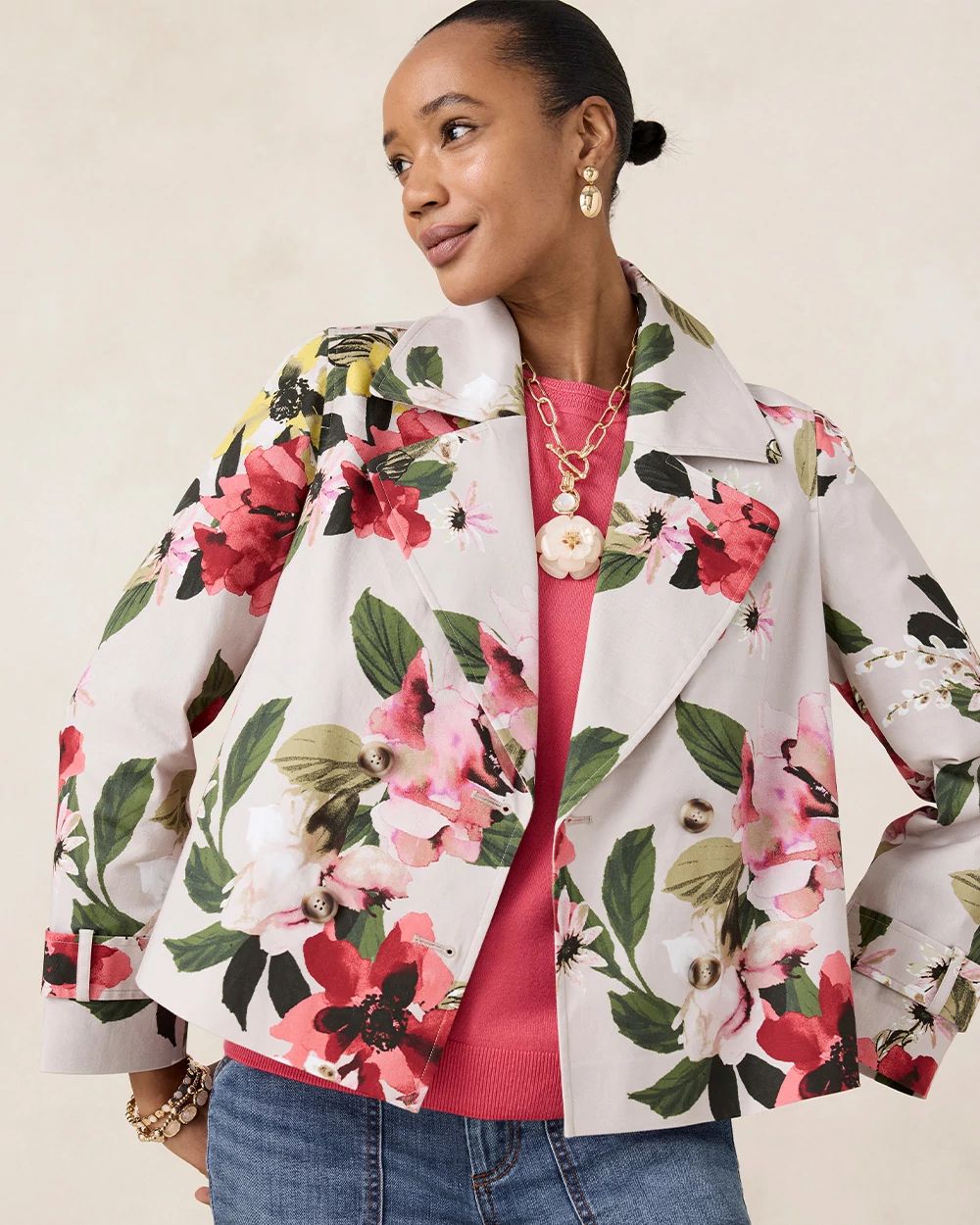 Cotton-Stretch Floral Trench Coat