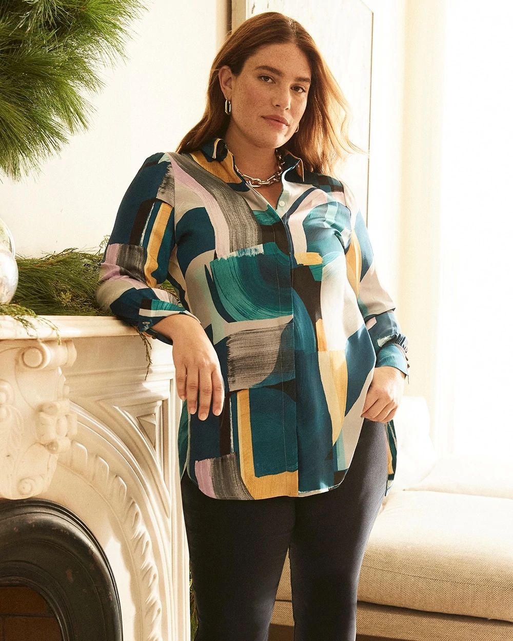 Abstract Print Button Front Tunic