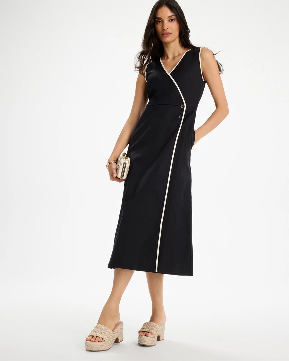 Sleeveless Surplice Linen Dress