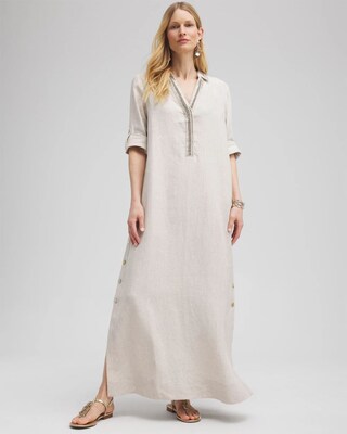 Petite Linen Embellished Maxi Shirt Dress