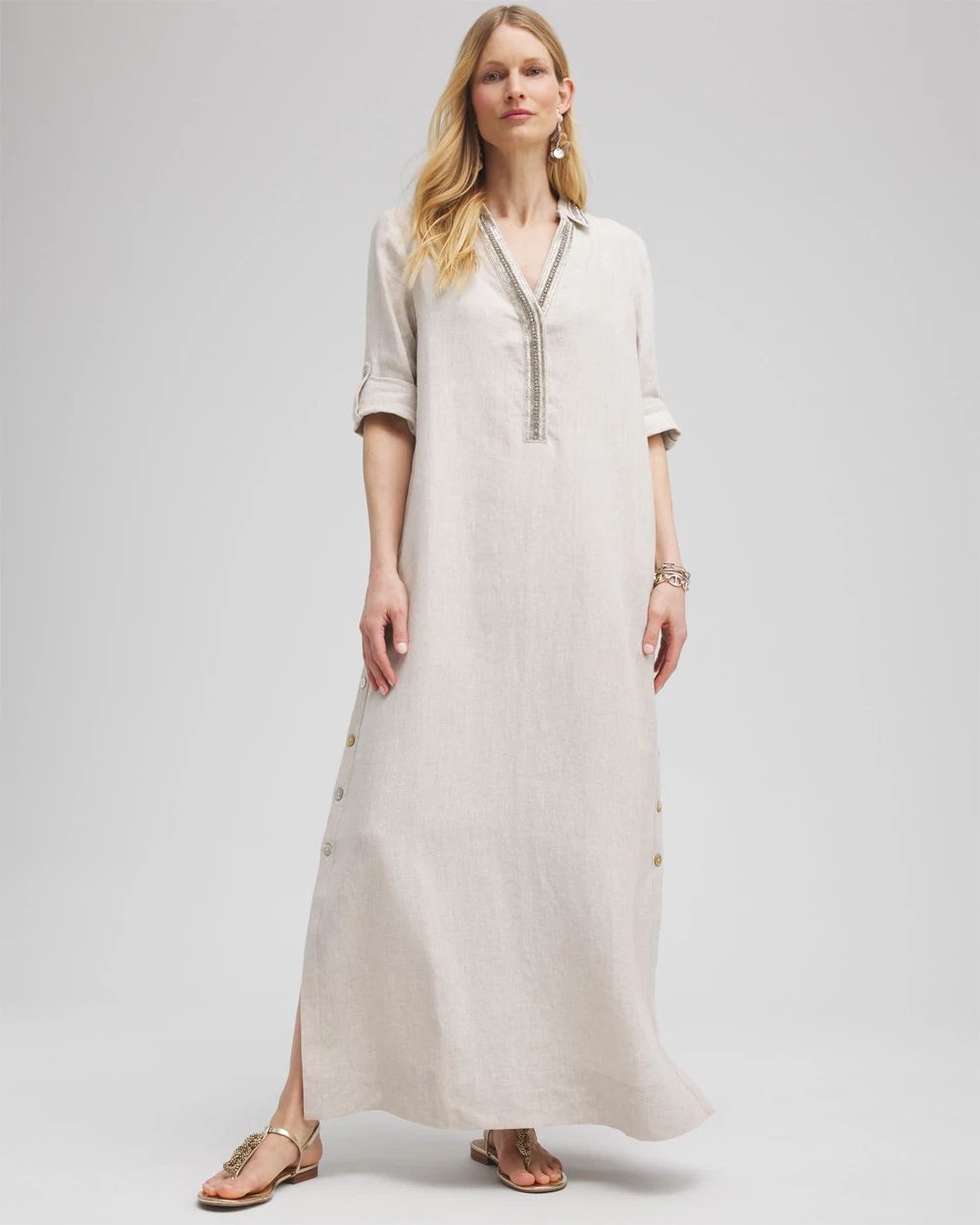 Petite Linen Embellished Maxi Shirt Dress