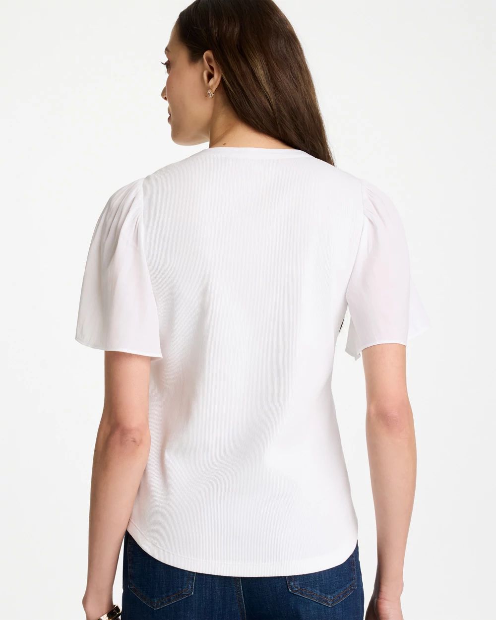 Rib Knit Woven Flutter Sleeve Tee